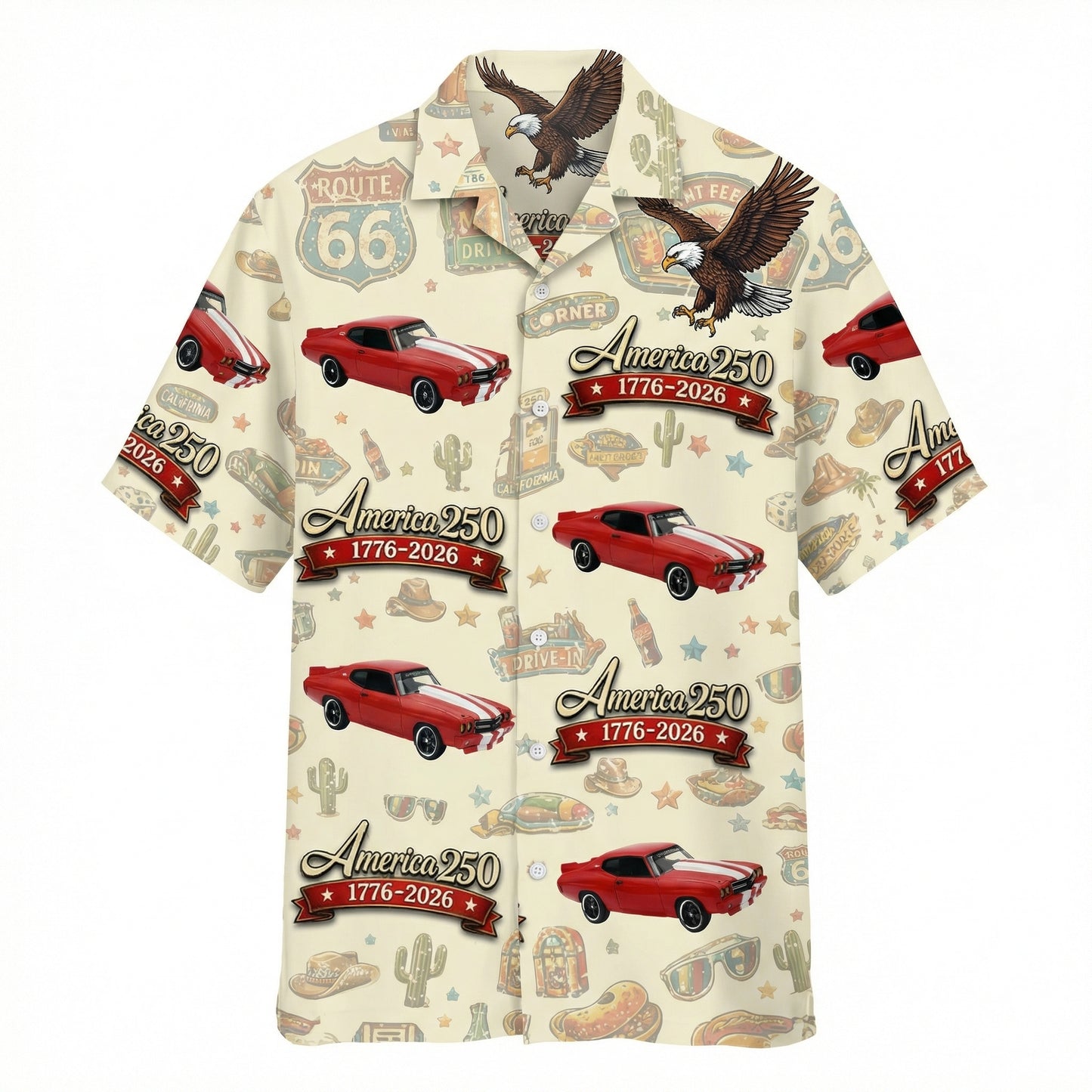 Custom Car Photo 100 Years of Route 66 and America 250th Anniversary Hawaii Shirt