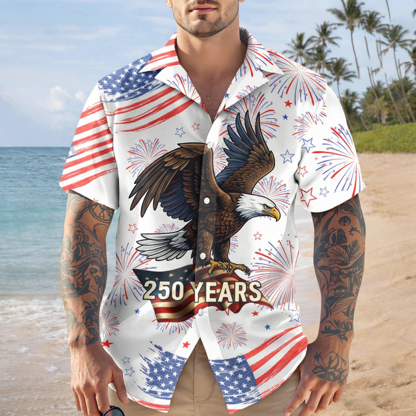 Personalized USA 250 Years Hawaiian Shirt – Patriotic Bald Eagle Fireworks Independence Shirt