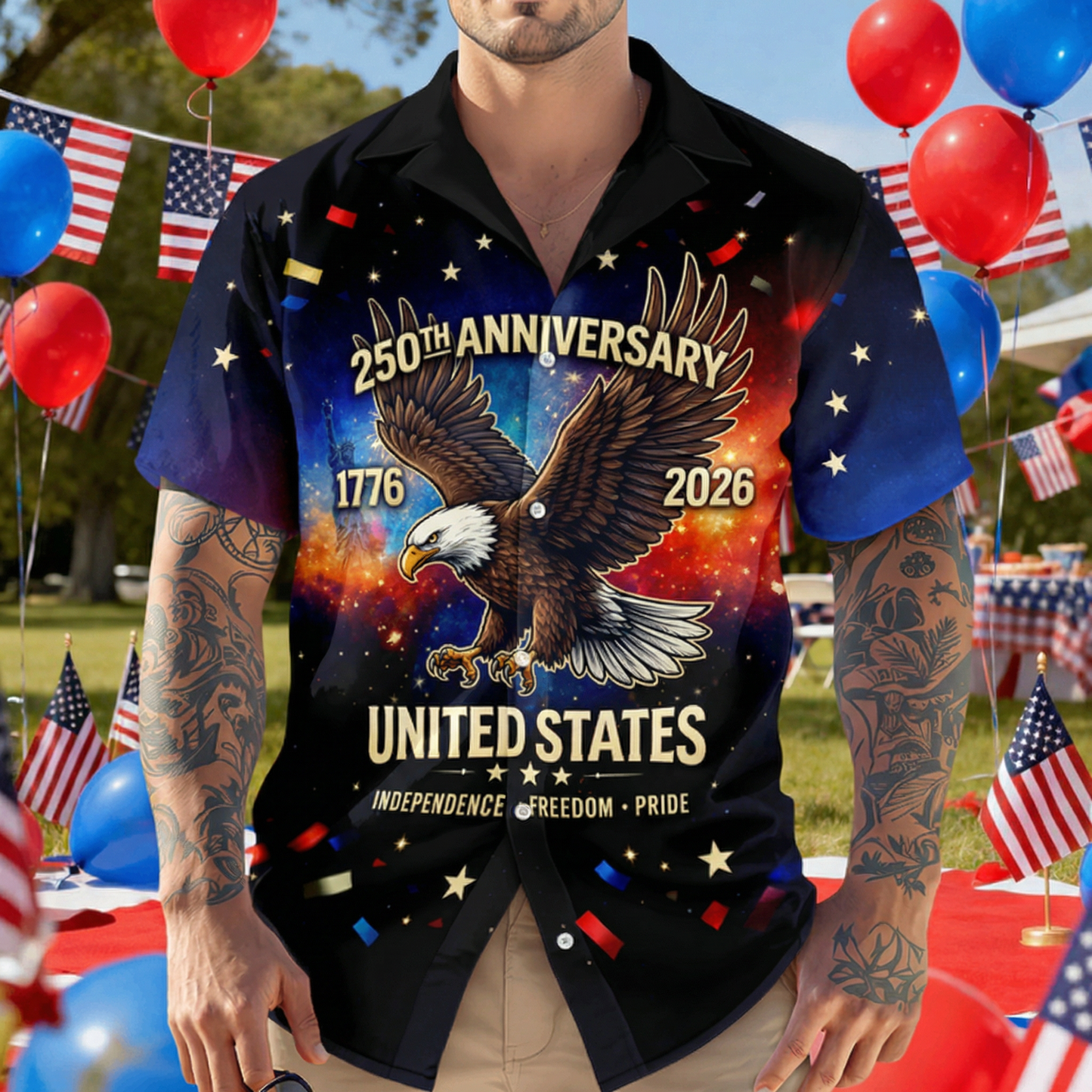Personalized USA 250th Anniversary Hawaiian Shirt – 250 Years of Freedom Eagle Custom Name Shirt