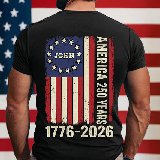 Personalized USA 250 Years America Flag T-Shirt – 1776–2026 Patriotic Vintage Custom Name Shirt