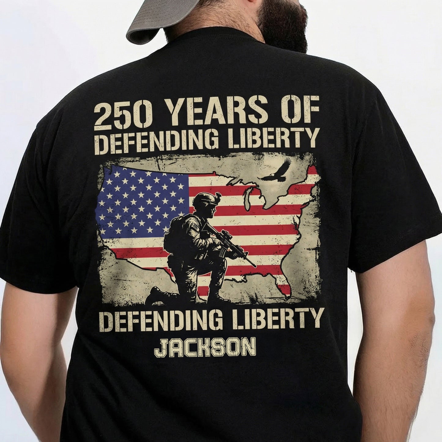 250 Years of Defending Liberty Shirt – Patriotic Soldier USA Flag 4th of July 2026 Personalized Back Tee