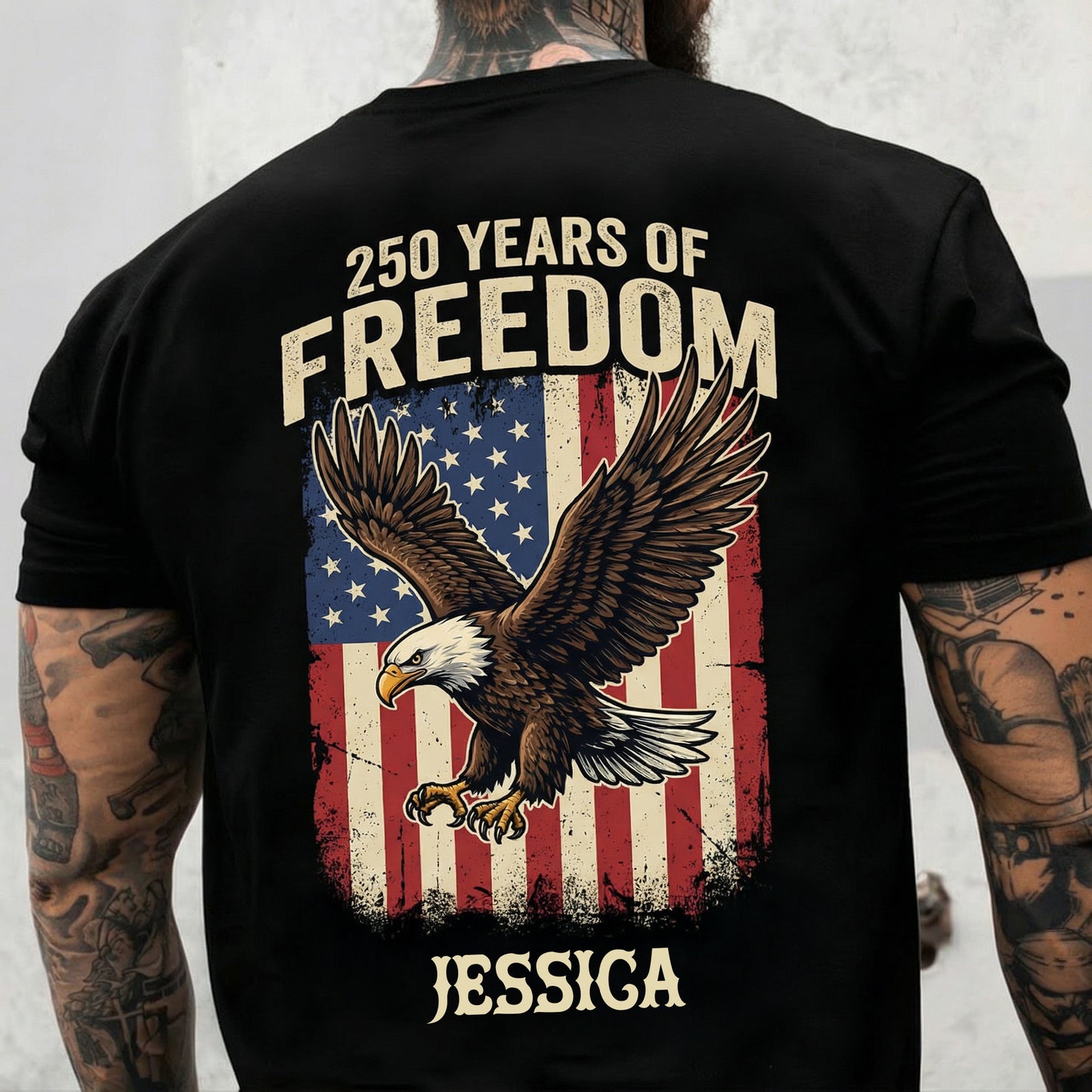 250 Years of Freedom Eagle Shirt 1776–2026 – Patriotic USA Flag Back Print Personalized Name Tee