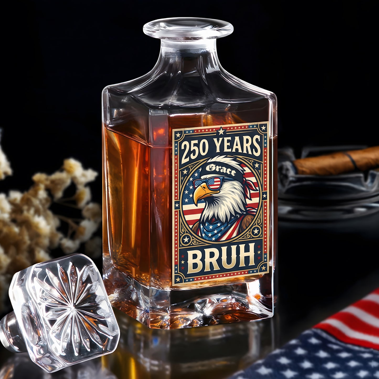 250 Years USA Bruh 250th Birthday 1776-2026 Eagle Flag Decanter