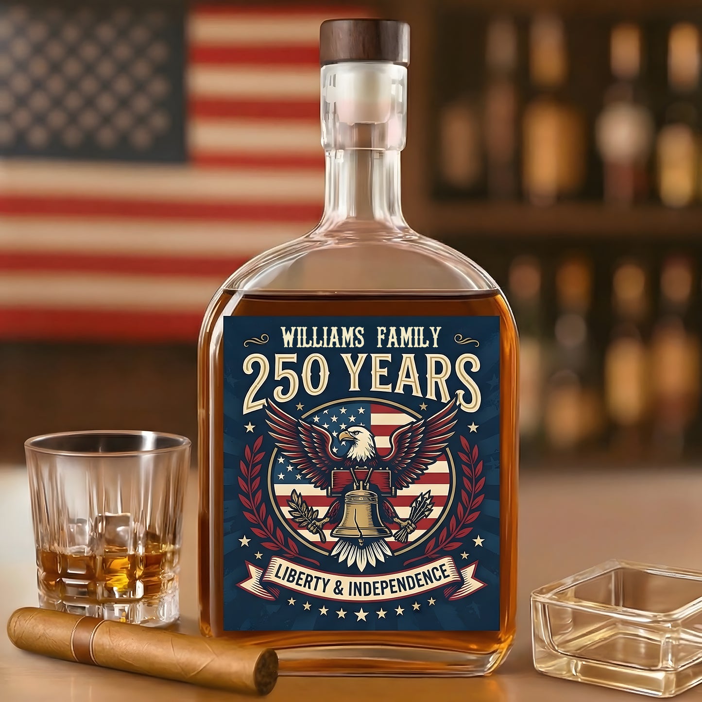 America 250 Years Eagle Independence Day Patriotic Whiskey Bottle