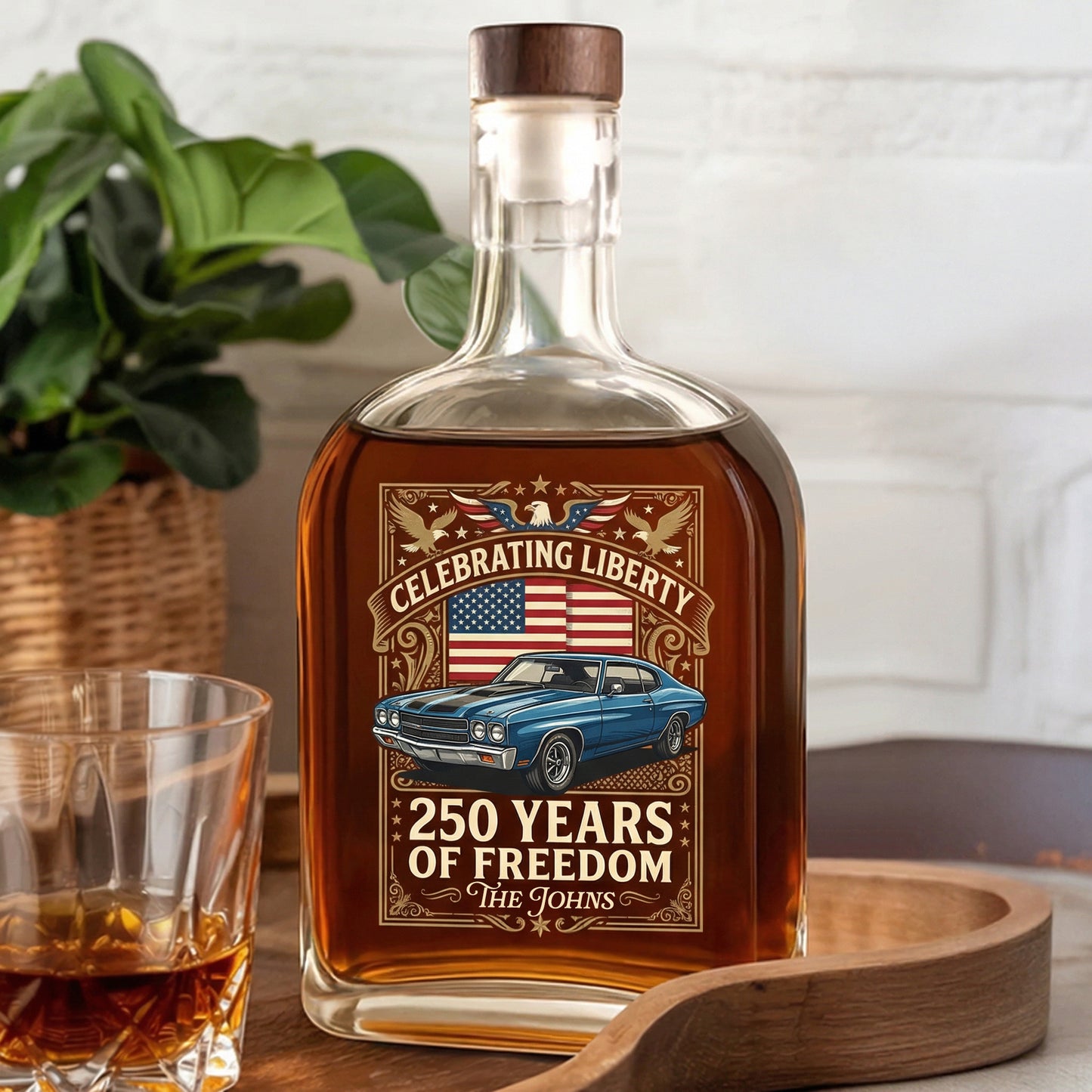 Custom Car Photo I Ride for America 250 Whiskey Bottle