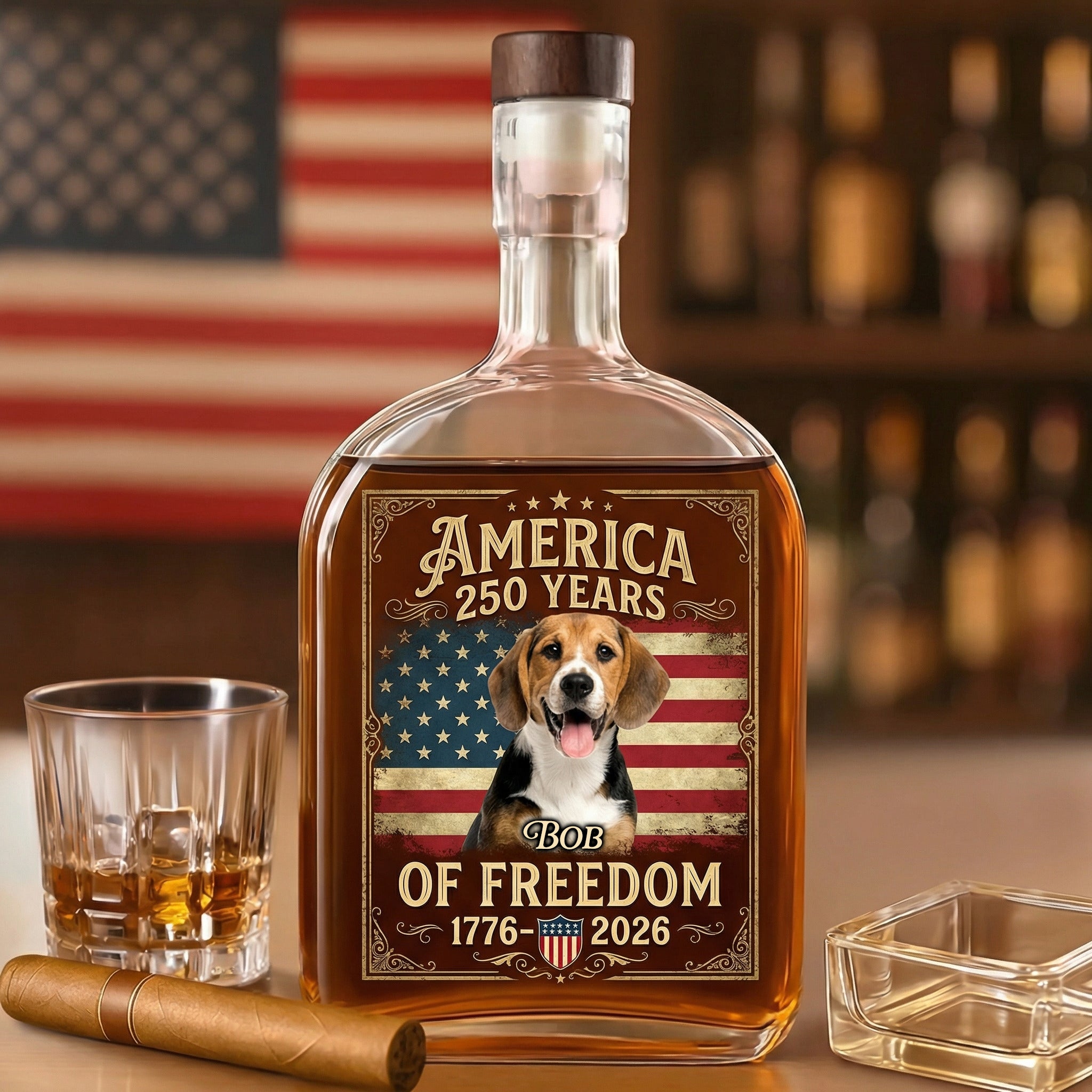 Custom Dog Photo Celebrate 250 Years of America Whiskey Bottle