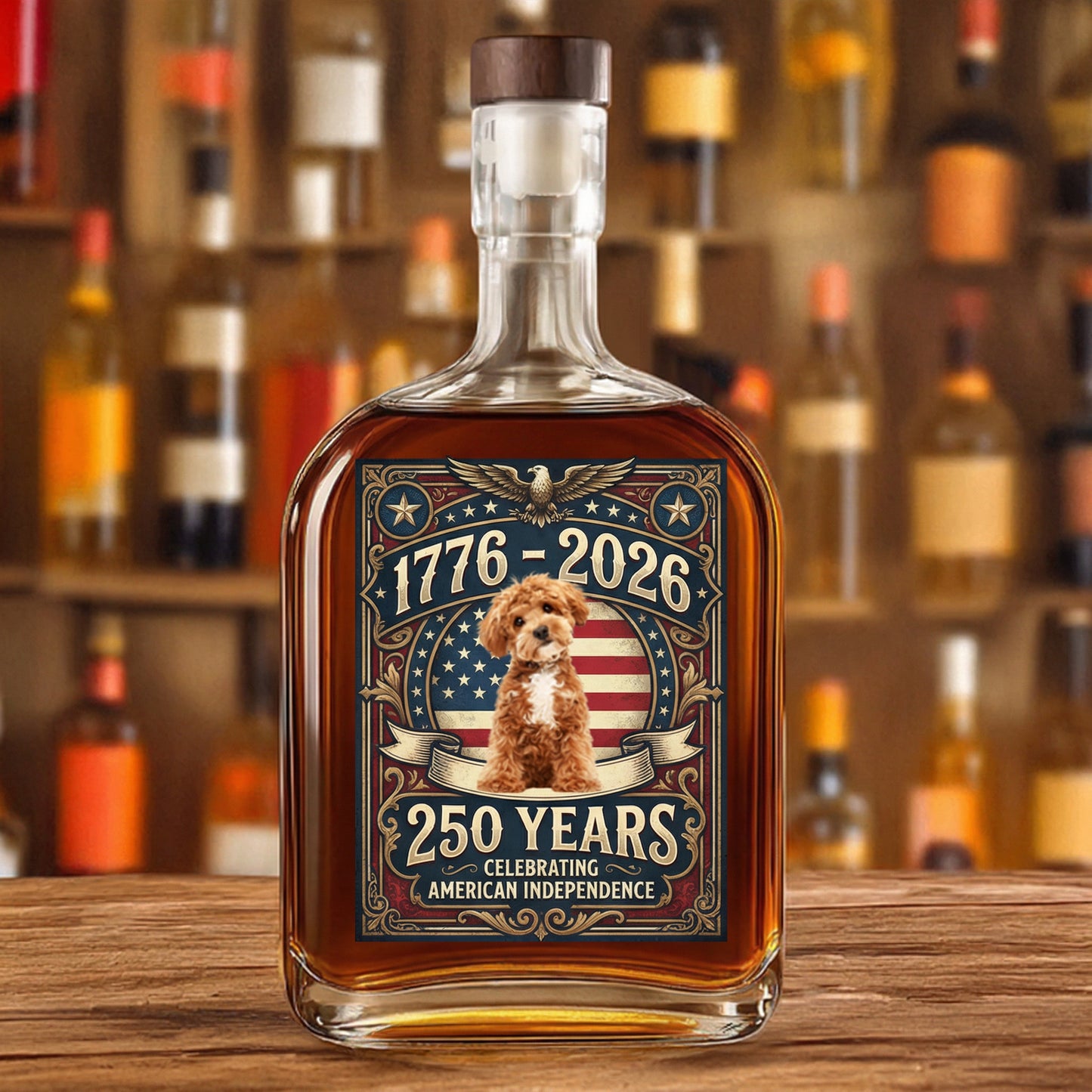 Custom Photo 250 Years In Purr-suit Of Liberty Vintage Dog Whiskey Bottle