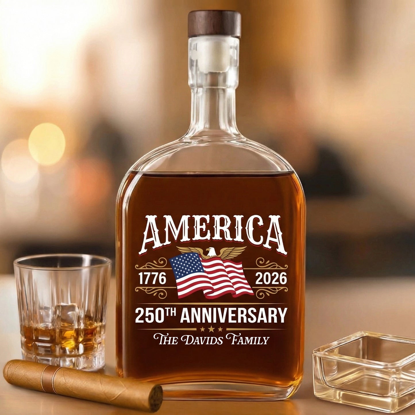 Custom Family Name America 250th Anniversary 1776-2026 United States of America Whiskey Bottle