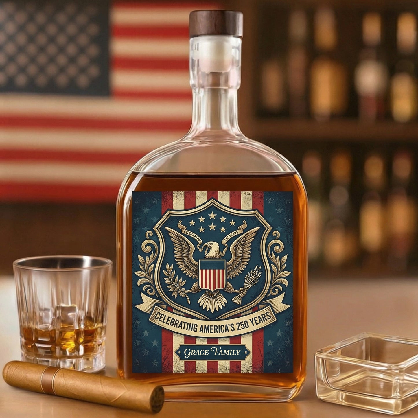 Happy 250th Birthday America Flag Whiskey Bottle