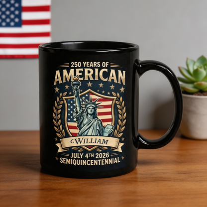 America 250 Semiquincentennial Personalized Black Mug – Custom Name July 4th 2026 Patriotic Mug