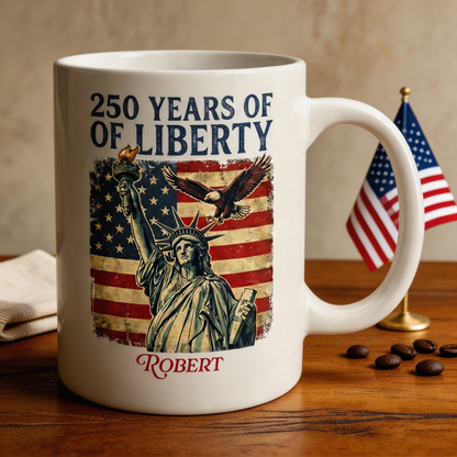 250 Years of Liberty Personalized White Mug – Custom Name America 250 Patriotic Mug 1776–2026