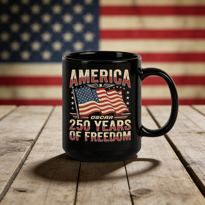 America 250 Years of Freedom Personalized Black Mug – Custom Name Patriotic Independence Day Mug