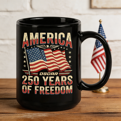 America 250 Years of Freedom Personalized Black Mug – Custom Name Patriotic Independence Day Mug