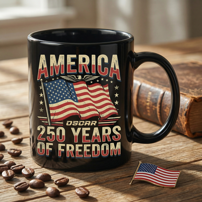 America 250 Years of Freedom Personalized Black Mug – Custom Name Patriotic Independence Day Mug