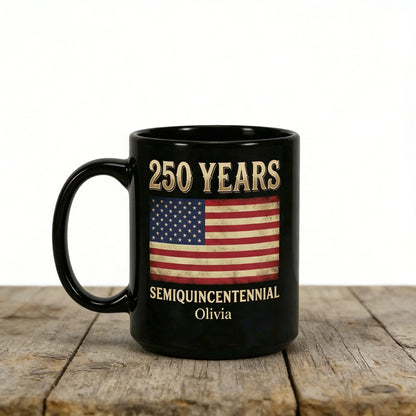 America 250 Semiquincentennial Personalized Black Mug – Custom Name Patriotic USA Flag Mug 1776–2026