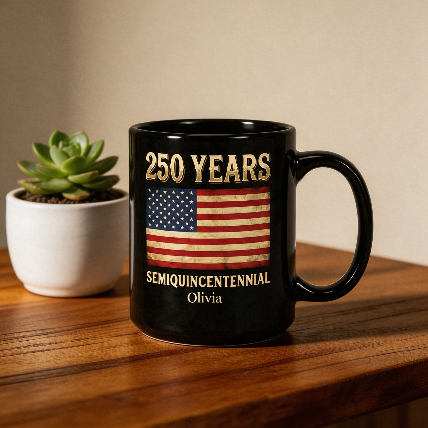 America 250 Semiquincentennial Personalized Black Mug – Custom Name Patriotic USA Flag Mug 1776–2026