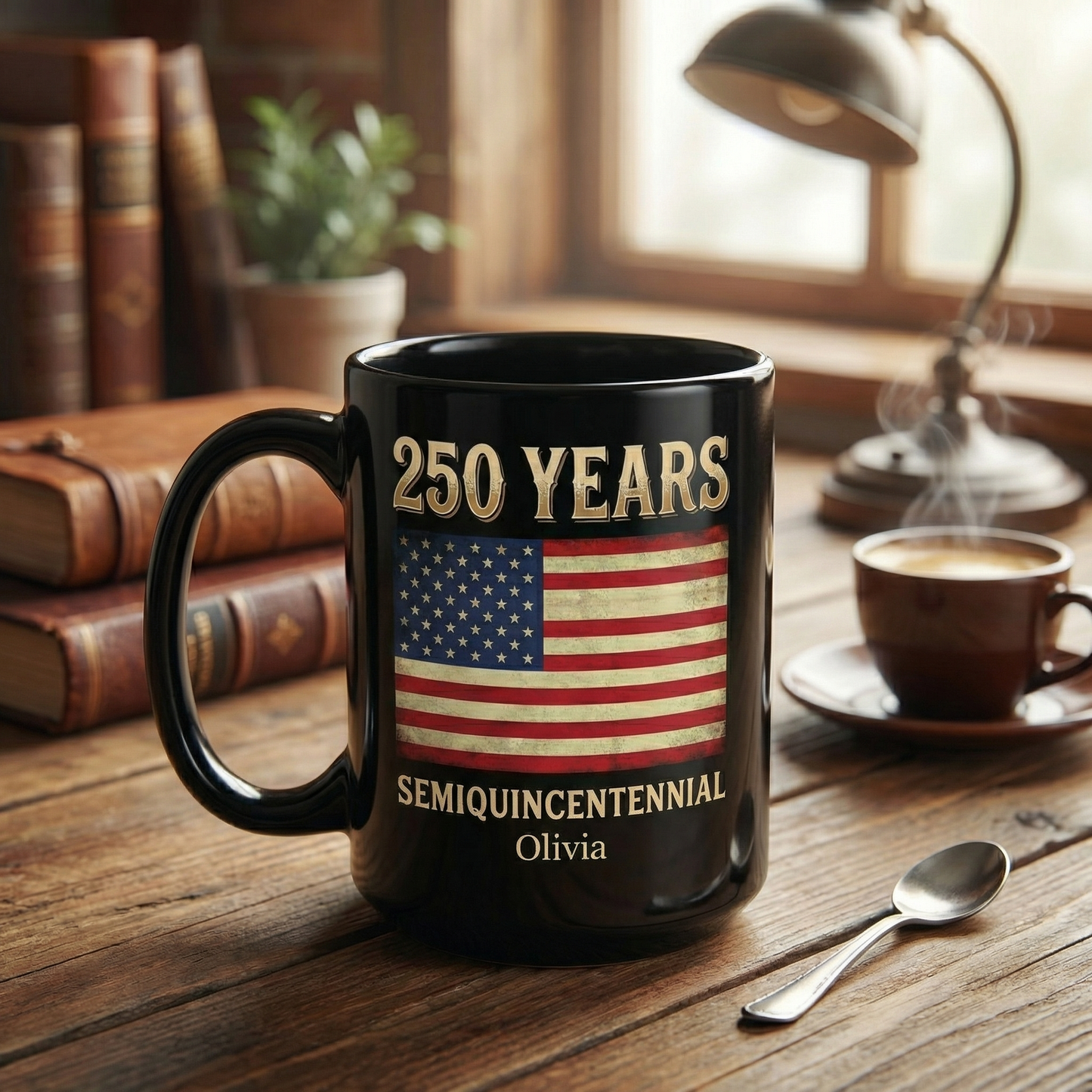 America 250 Semiquincentennial Personalized Black Mug – Custom Name Patriotic USA Flag Mug 1776–2026