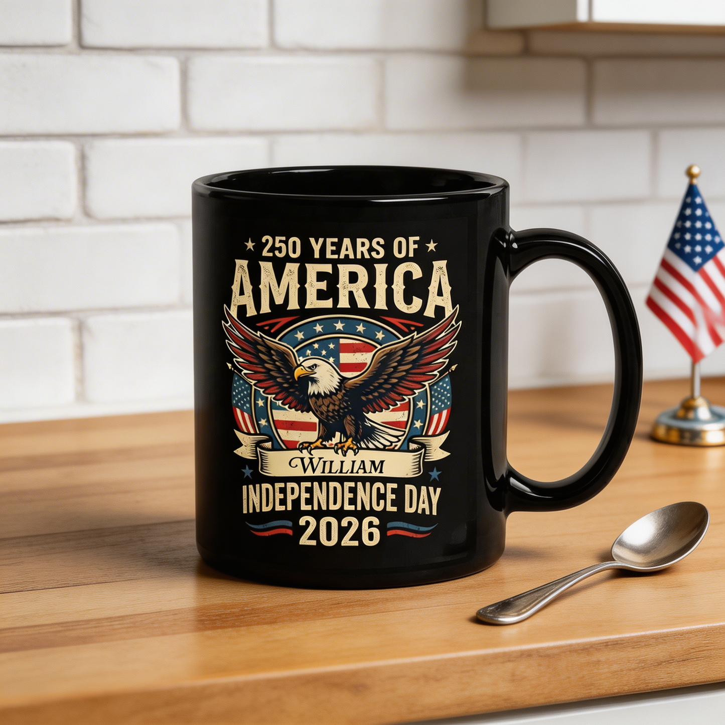 America 250 Independence Day 2026 Personalized Black Mug – Custom Name Patriotic Eagle USA Mug