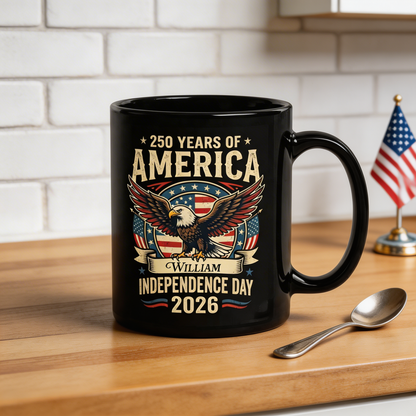 America 250 Independence Day 2026 Personalized Black Mug – Custom Name Patriotic Eagle USA Mug