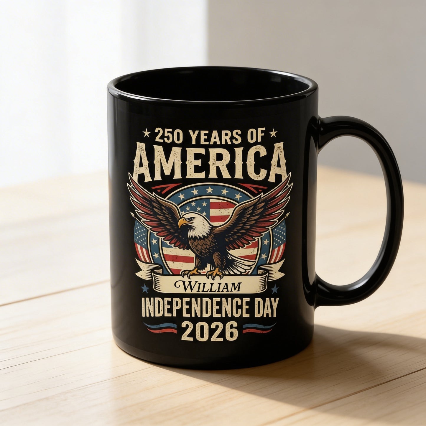 America 250 Independence Day 2026 Personalized Black Mug – Custom Name Patriotic Eagle USA Mug