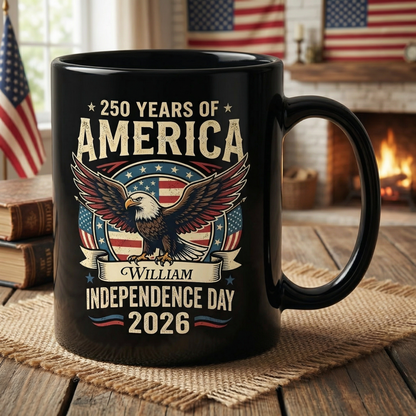 America 250 Independence Day 2026 Personalized Black Mug – Custom Name Patriotic Eagle USA Mug
