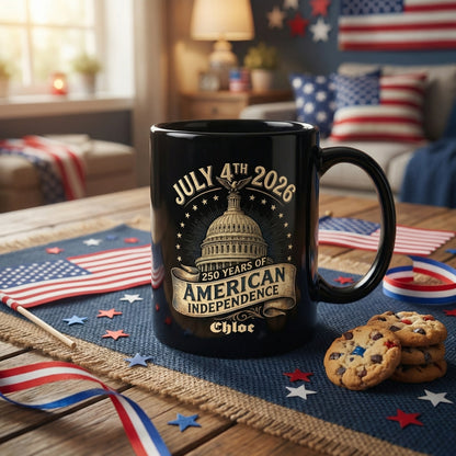 July 4th 2026 America 250 Personalized Black Mug – Custom Name 250 Years of American Independence Mug