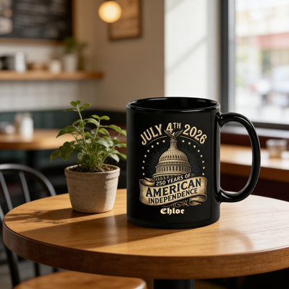 July 4th 2026 America 250 Personalized Black Mug – Custom Name 250 Years of American Independence Mug