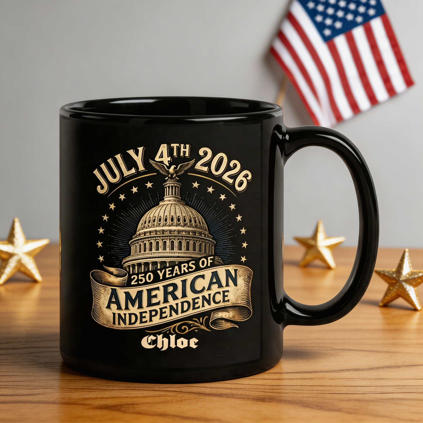 July 4th 2026 America 250 Personalized Black Mug – Custom Name 250 Years of American Independence Mug
