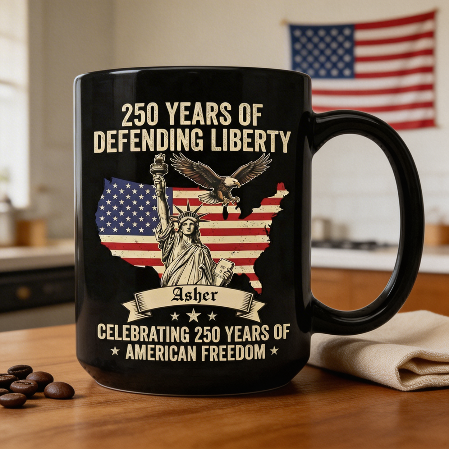 250 Years of Defending Liberty Personalized Black Mug – Custom Name America 250 Patriotic Mug