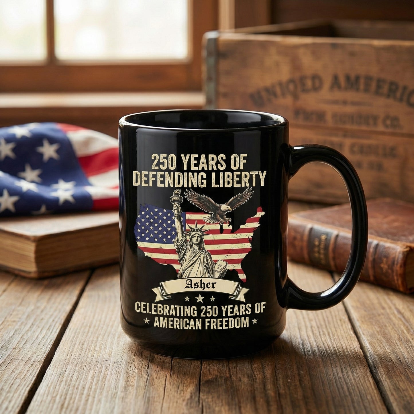 250 Years of Defending Liberty Personalized Black Mug – Custom Name America 250 Patriotic Mug
