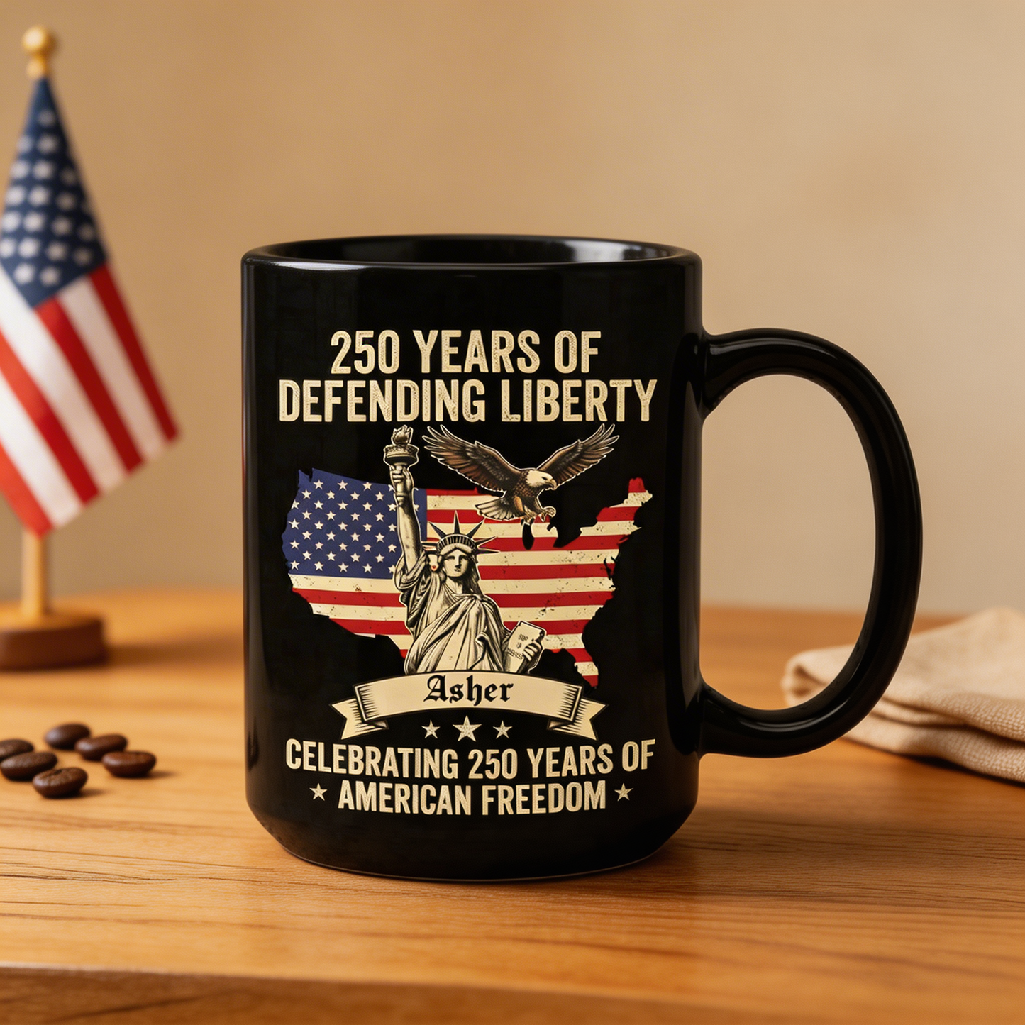 250 Years of Defending Liberty Personalized Black Mug – Custom Name America 250 Patriotic Mug