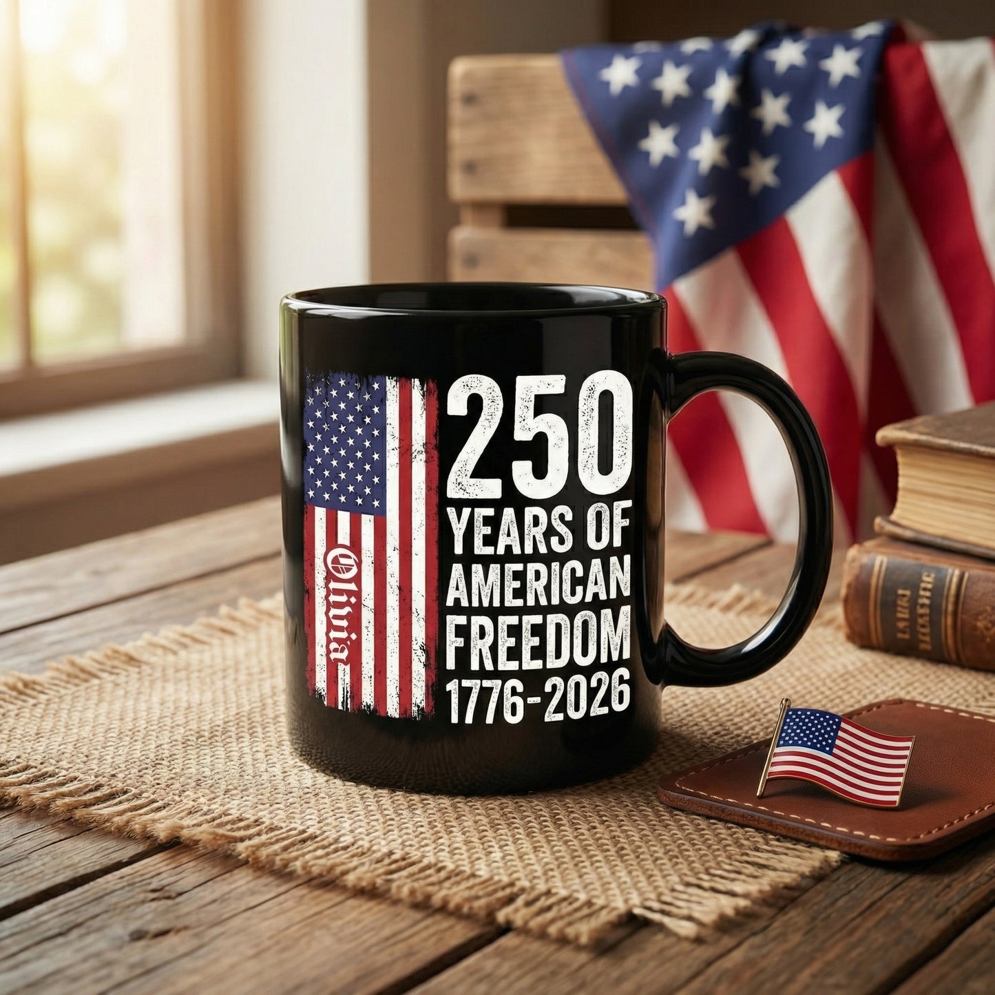 250 Years of American Freedom Personalized Black Mug – Custom Name America 250 Patriotic Mug 1776–2026