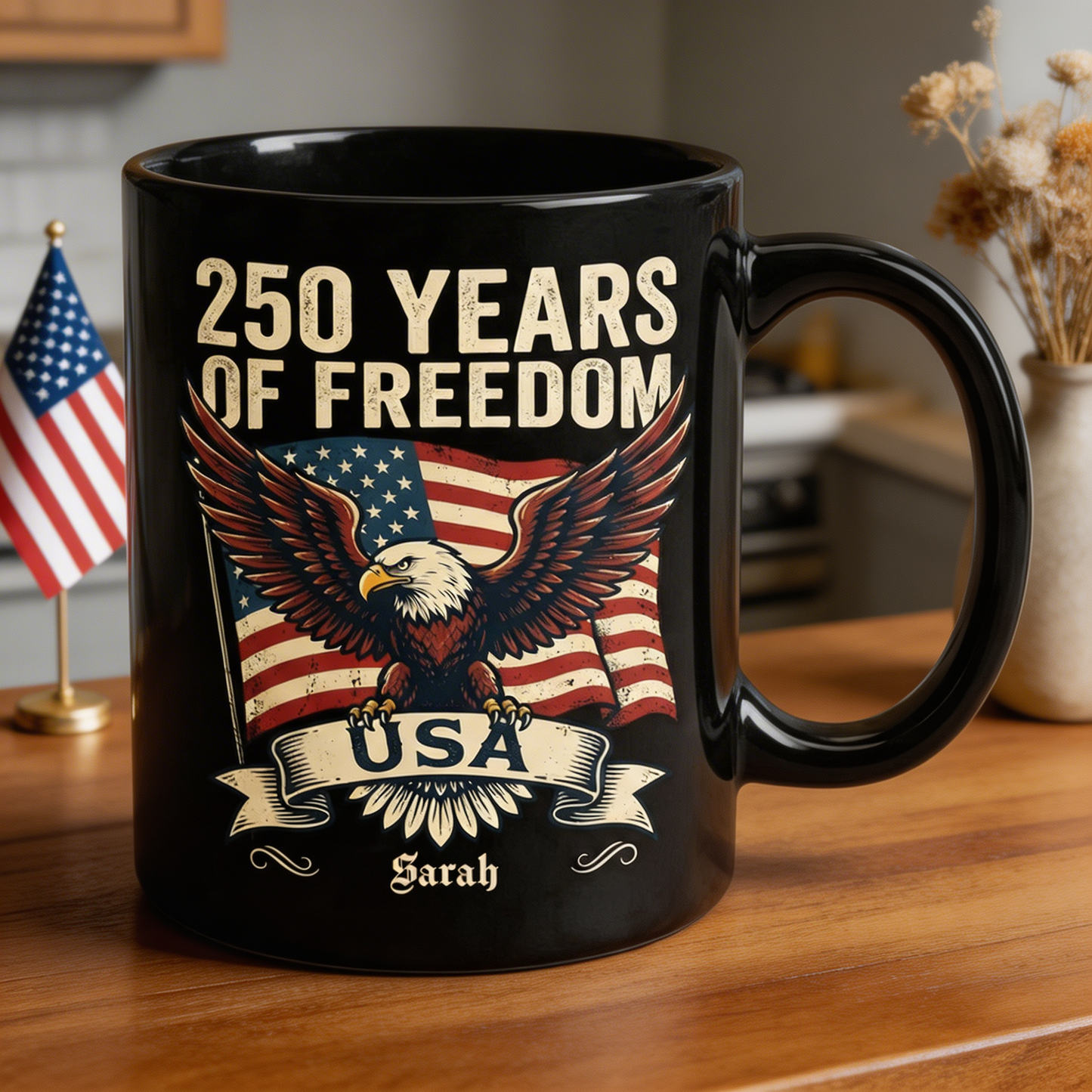 250 Years of Freedom USA Eagle Personalized Black Mug – Custom Name America 250 Patriotic Mug