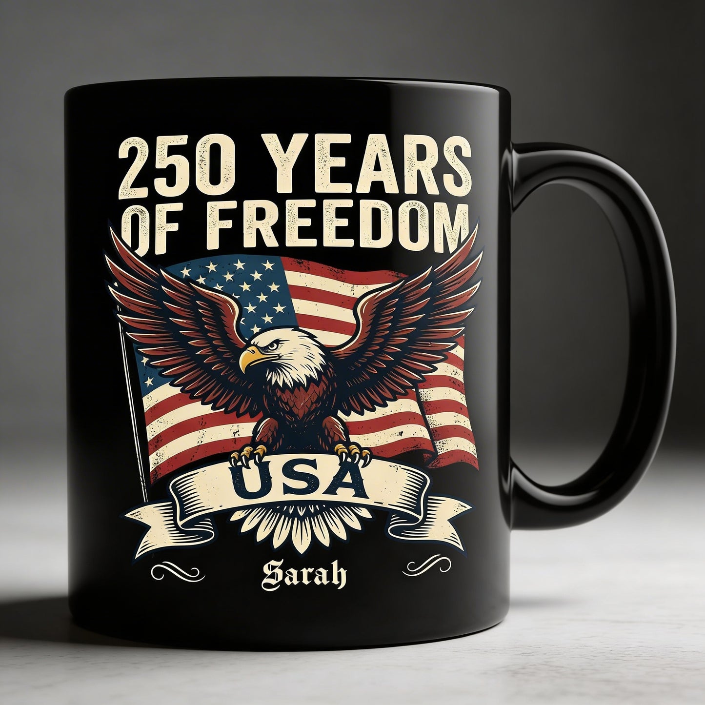 250 Years of Freedom USA Eagle Personalized Black Mug – Custom Name America 250 Patriotic Mug