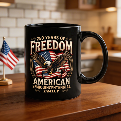 250 Years of Freedom America Personalized Black Mug – Custom Name Patriotic Semiquincentennial Mug
