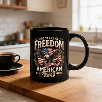 250 Years of Freedom America Personalized Black Mug – Custom Name Patriotic Semiquincentennial Mug