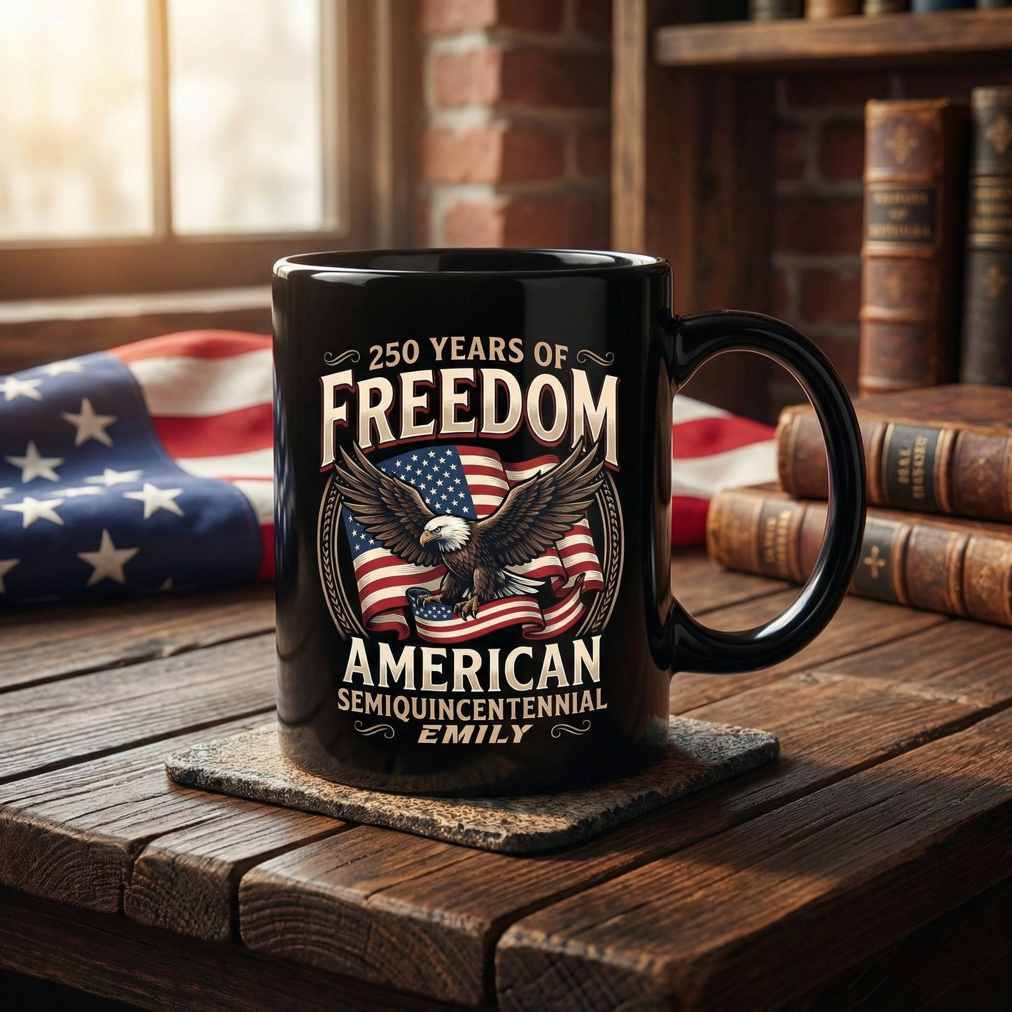 250 Years of Freedom America Personalized Black Mug – Custom Name Patriotic Semiquincentennial Mug