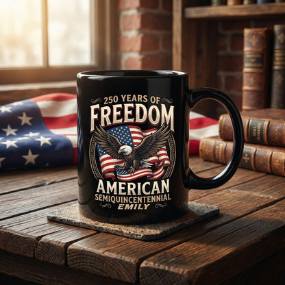 250 Years of Freedom America Personalized Black Mug – Custom Name Patriotic Semiquincentennial Mug