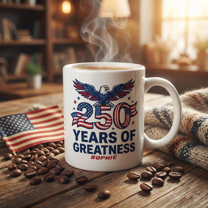 250 Years of Greatness USA Personalized White Mug – Custom Name Patriotic America 1776–2026 Mug