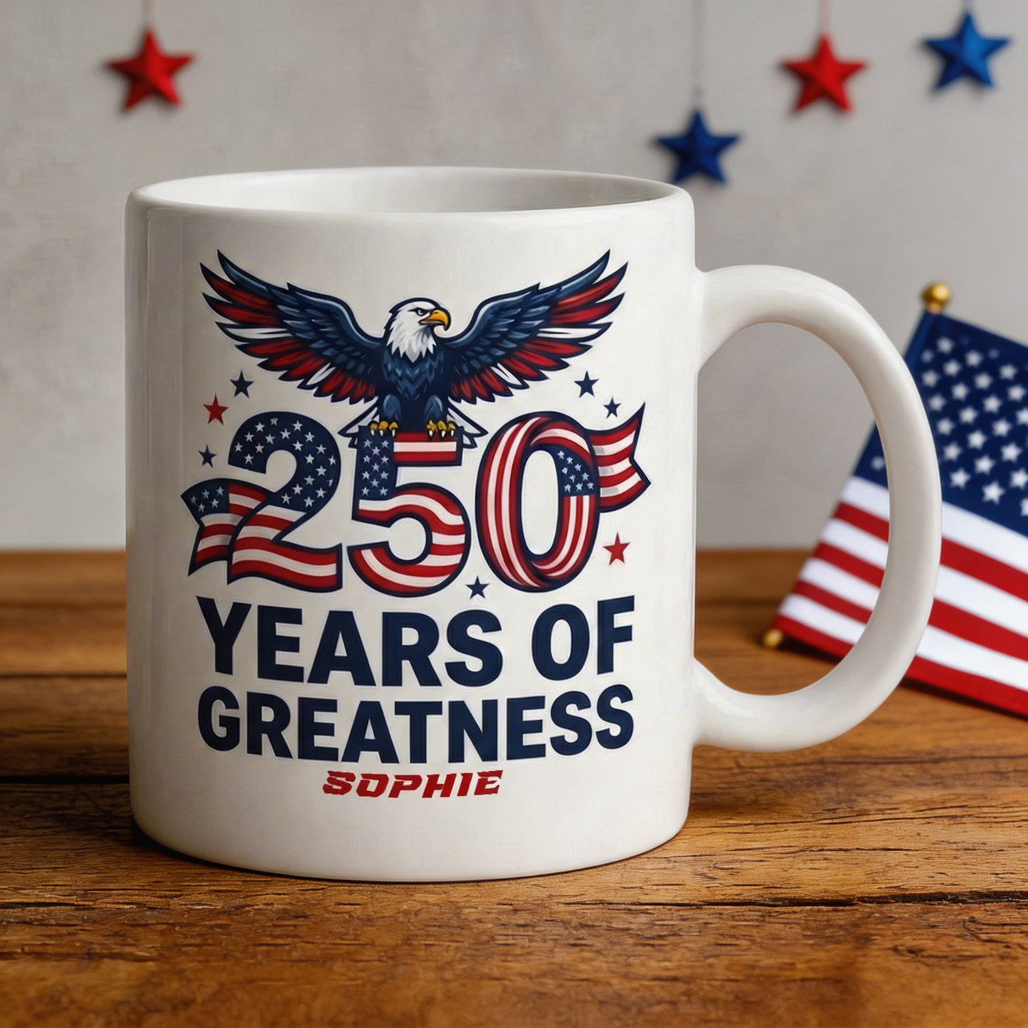 250 Years of Greatness USA Personalized White Mug – Custom Name Patriotic America 1776–2026 Mug