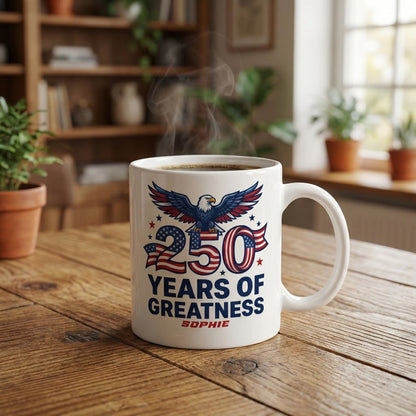 250 Years of Greatness USA Personalized White Mug – Custom Name Patriotic America 1776–2026 Mug