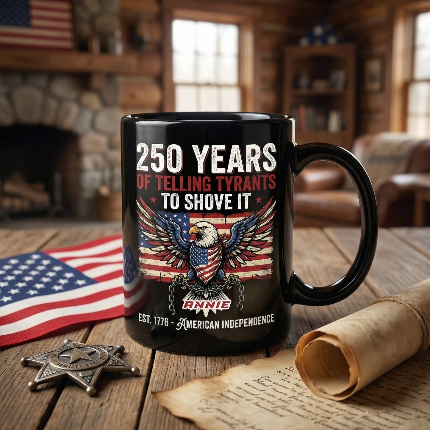 250 Years of Telling Tyrants to Shove It Personalized Black Mug – Custom Name Patriotic American Independence Mug