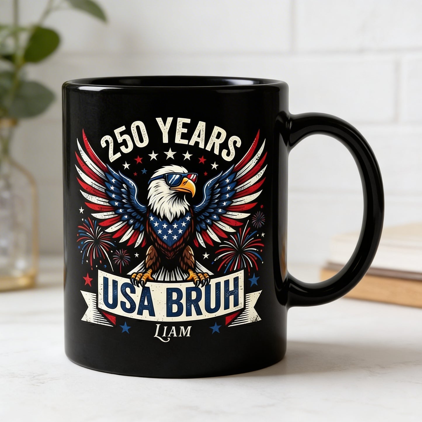250 Years USA Bruh Personalized Black Mug – Funny Patriotic Eagle 1776-2026 Custom Name Mug