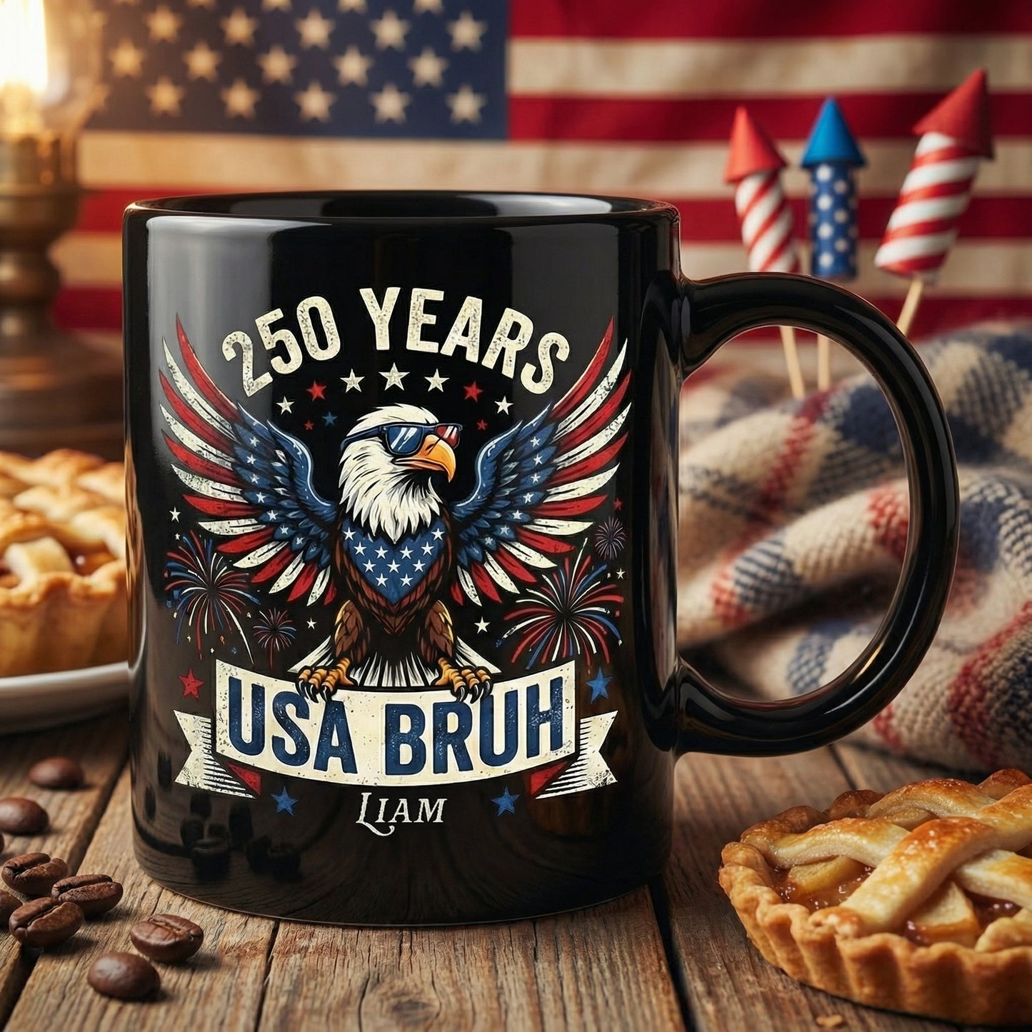 250 Years USA Bruh Personalized Black Mug – Funny Patriotic Eagle 1776-2026 Custom Name Mug