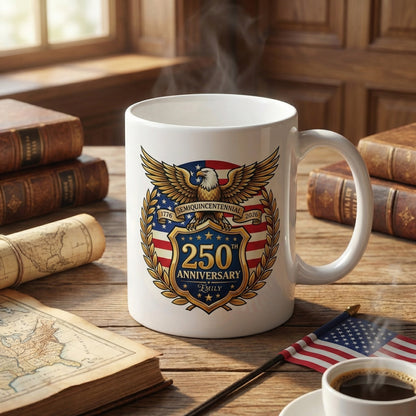 250th Anniversary Semiquincentennial Personalized White Mug – Custom Name Patriotic USA 1776–2026 Mug