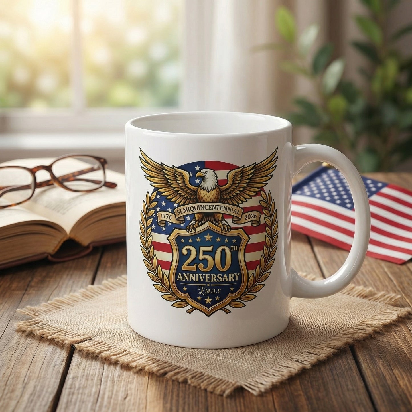 250th Anniversary Semiquincentennial Personalized White Mug – Custom Name Patriotic USA 1776–2026 Mug