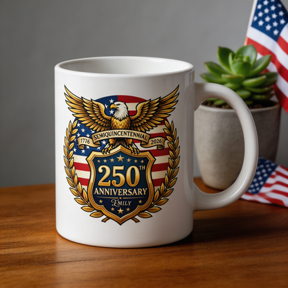 250th Anniversary Semiquincentennial Personalized White Mug – Custom Name Patriotic USA 1776–2026 Mug