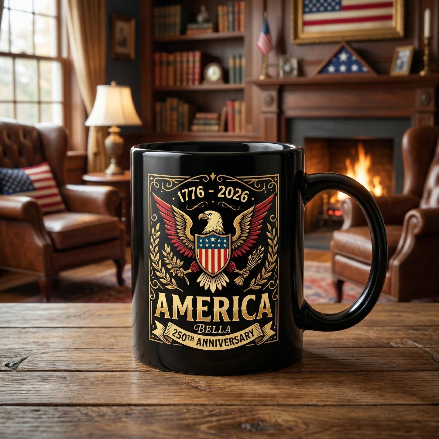 America 250th Anniversary Personalized Black Mug – Custom Name Patriotic Eagle 1776–2026 Mug