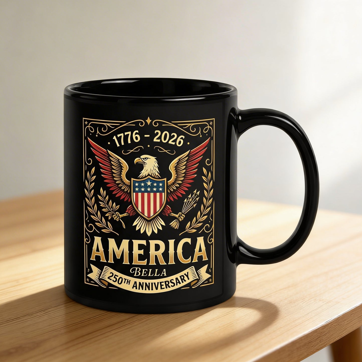America 250th Anniversary Personalized Black Mug – Custom Name Patriotic Eagle 1776–2026 Mug