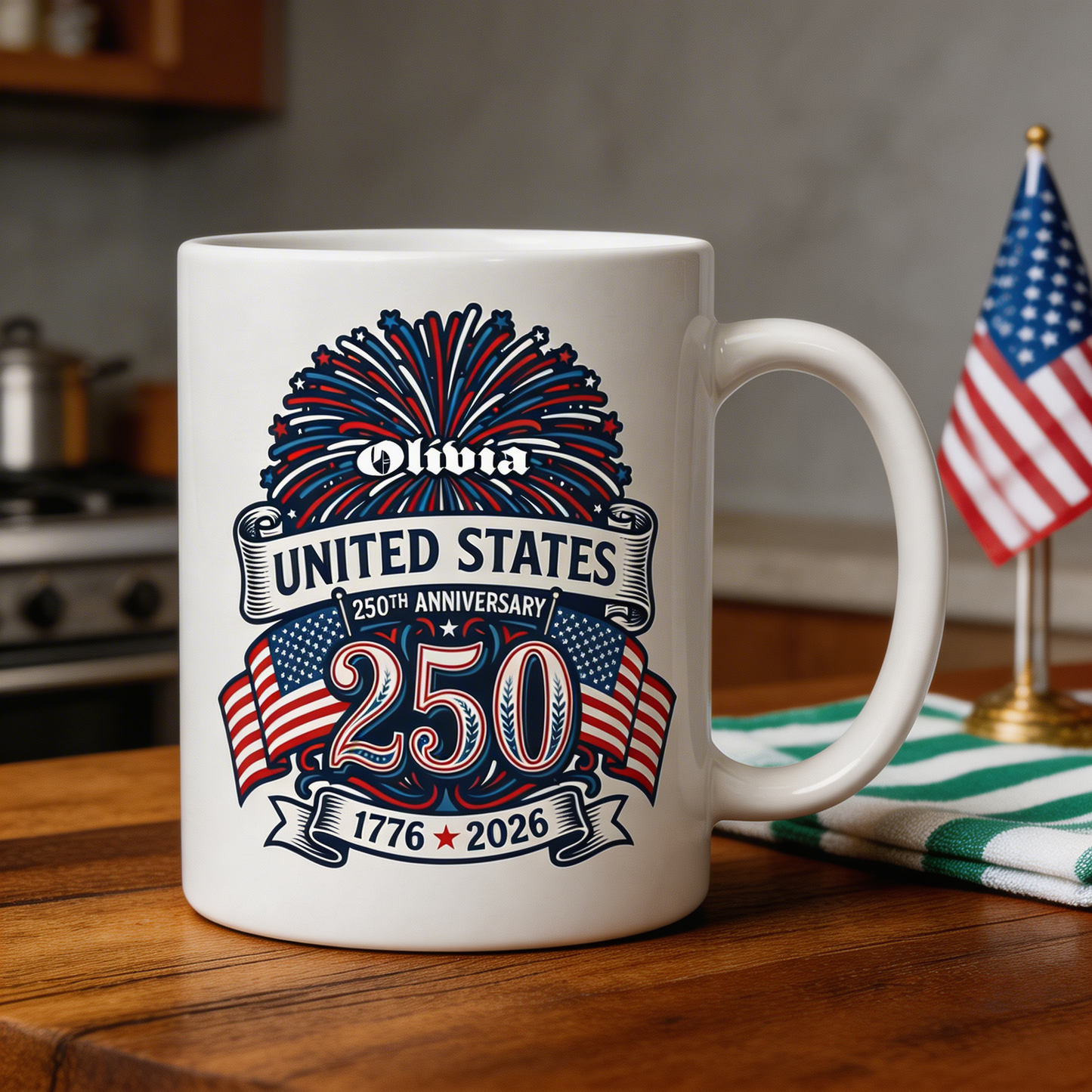 United States 250th Anniversary Personalized White Mug – Custom Name America 1776–2026 Fireworks Mug